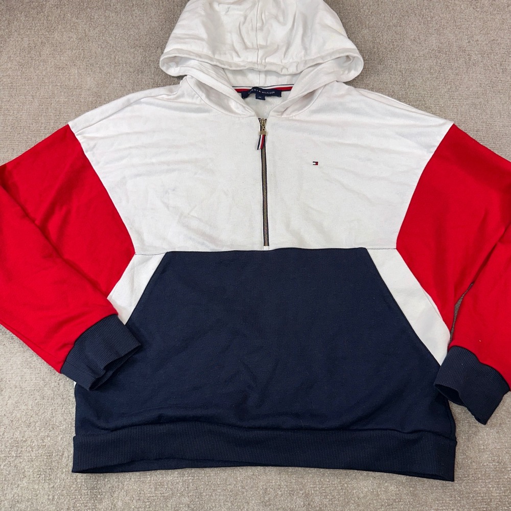 Tommy Hilfiger Y2K Colorblock Quarter Zip Hoodie White Red Navy Blue Medium